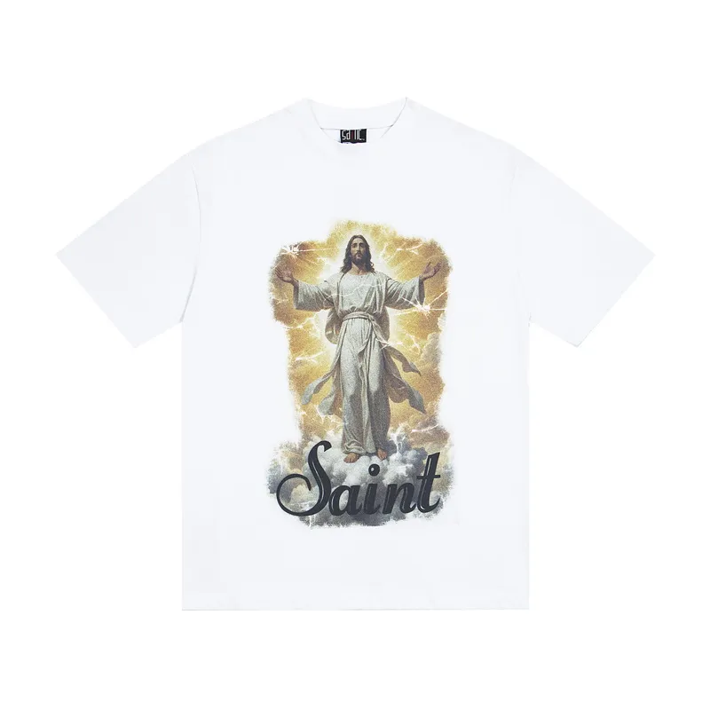 100💰S09#美Chao SAINT white ink direct-injection pure cotton 260g loose short-sleeved T-shirt 15 black, white S-XL